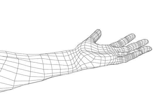 Open palm hand gesture of male hand. 3d illustration. Wire-frame style