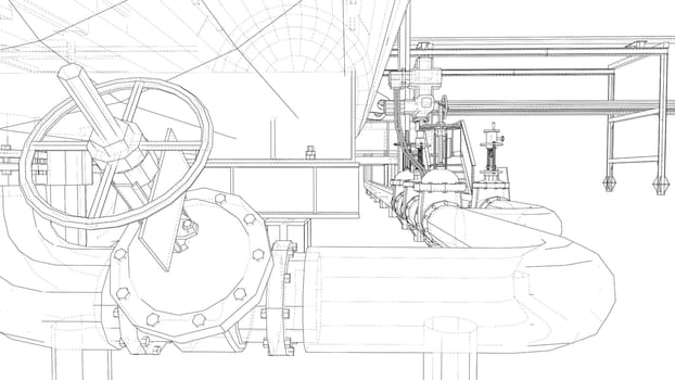 Sketch of industrial equipment. 3d illustration. Wire-frame style