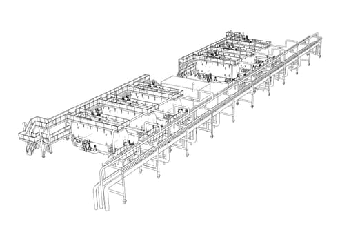 Sketch of industrial equipment. 3d illustration. Wire-frame style