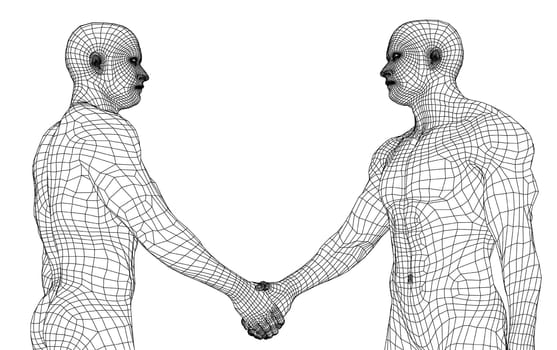 Two men shaking hands. 3d illustration. Wire-frame style. The concept of friendship, partnership and cooperation