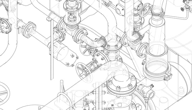 Valves and other industrial equipment. 3d illustration. Wire-frame style. Orthography