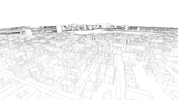 Cityscape Sketch. 3d illustration. Wire-frame style. Urban Architecture Concept