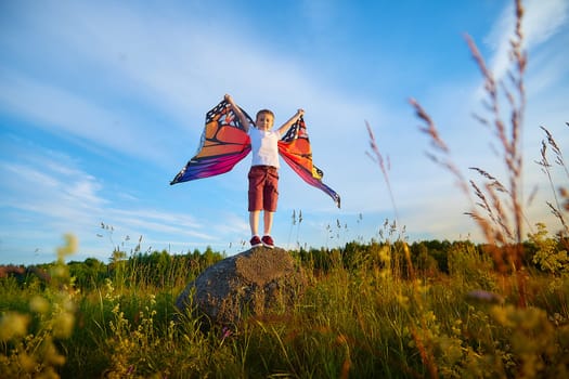 Handsome boy with bright butterfly wings having fun in meadow on natural landscape with grass and flowers on sunny summer day. Portrait of teenage guy in spring season outdoors on field