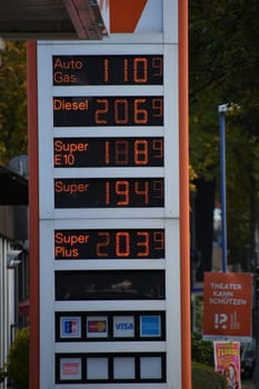 Close-up of gas station price display with record prices in Meerbusch, Germany