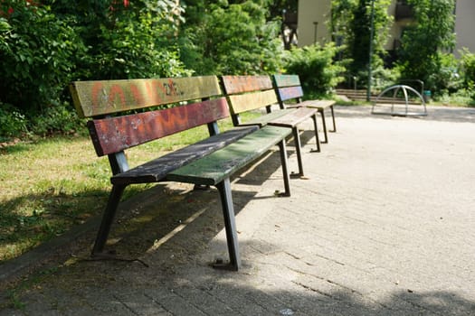 Beautiful shot of old colorful benches in Holsterhausen in Essen, Germany