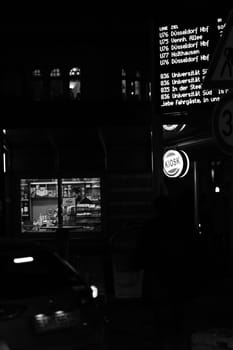 Typical Rhineland kiosk by night at Belsenplatz in Duesseldorf, Germany