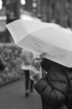 Vertical of a person with an umbrella and water bottle on a bridge in Cologne, Germany.