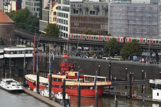 Scenic shot of an old lightship with beacon in a port in Hamburg, Germany