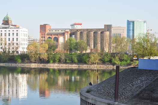 Beautiful shot of the harbor basin and old warehouse buildings in Dusseldorf, Germany
