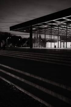 Greyscale shot of the Neue Nationalgalerie museum in Berlin, Germany