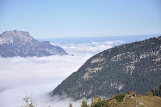 Mountains in Berchtesgadener Land, Alps in Bavaria, submerged in clouds