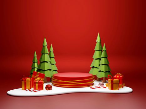 Christmas theme of podium with Christmas gift on snow ground, 3d illustration