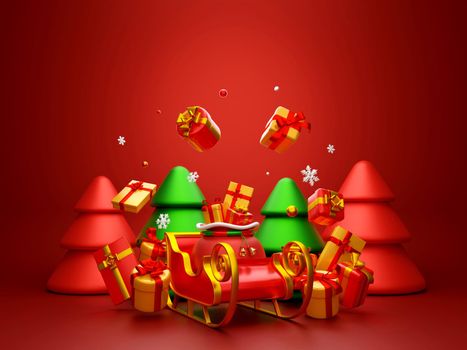 Christmas postcard of Christmas bag and sleigh on red background, 3d illustration