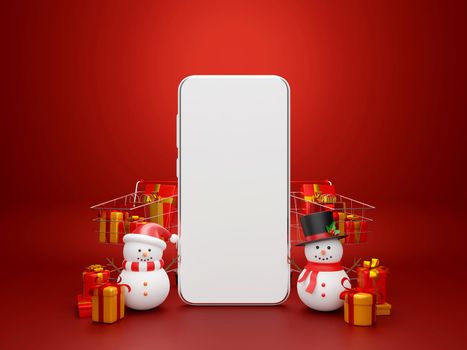Christmas shopping online sale, Smartphone with snowman and shopping card fulled with gifts, 3d illustration