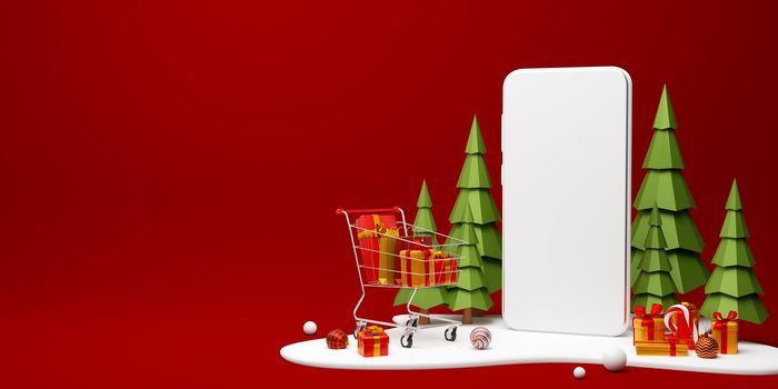 Scene of Smartphone with Christmas gift and shopping cart for shopping online advertisement, 3d illustration