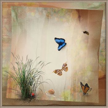 Abstract image of different butterflies on the background of flowers and plants. 3D rendering.