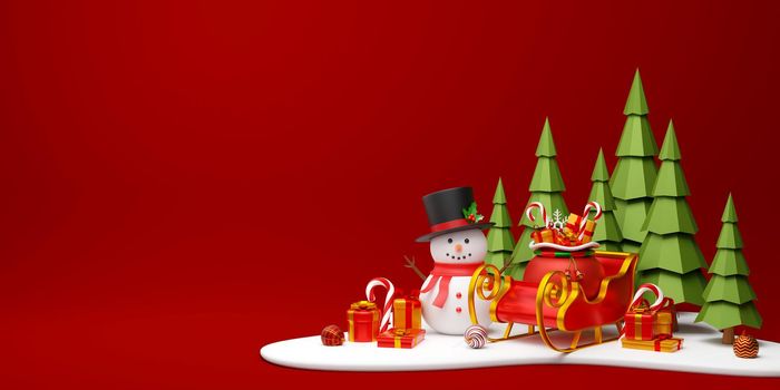 Christmas banner of Snowman and sleigh with presents, 3d illustration