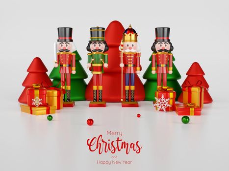 Christmas theme of set of nutcracker with Christmas ornaments, 3d illustration