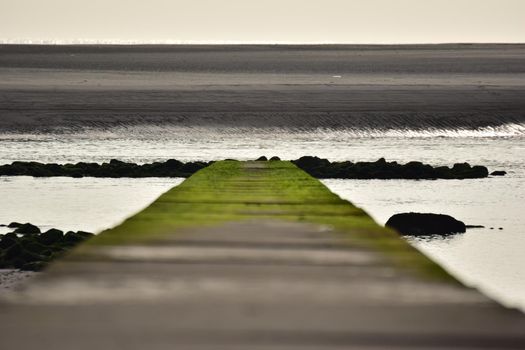 Stone pier by the sea overgrown with green algae and with a sandbank in the background