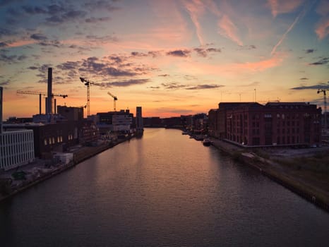Aerial view of the Munster harbor Stadthafen at sunset in Muenster, Germany.
