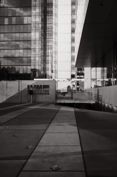 Vertical grayscale of the head office of LVM Versicherung in Muenster, Germany