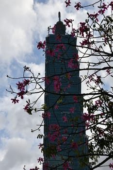 Vertical shot of the Taipei 101 skyscraper in Taipei, Taiwan
