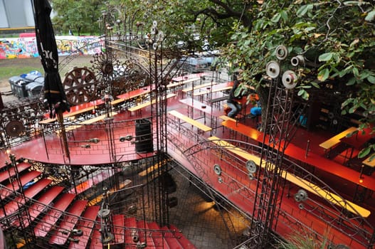 Terrace and outdoor area of an alternative, steampunk club in Prague, Czech Republic