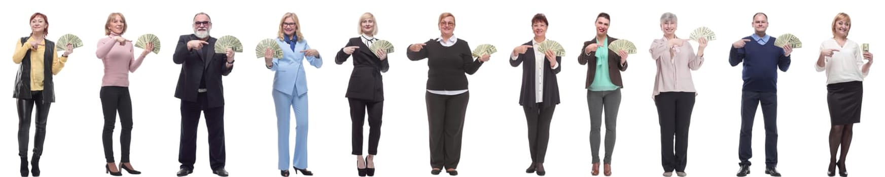 group of successful business people with money isolated on white background