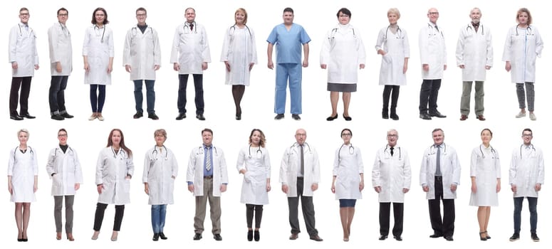 group of doctors in full length isolated on white background