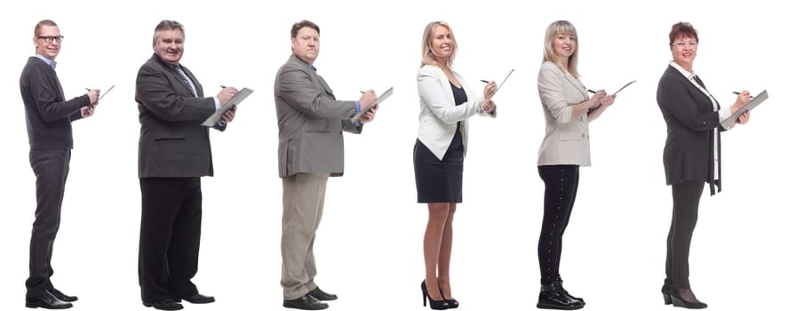 group of successful people with notepad in hands isolated on white background