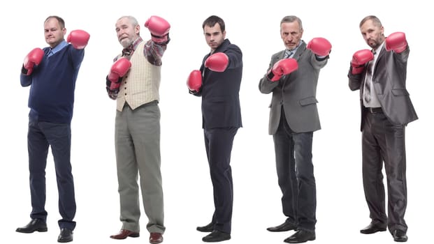 collage of businessmen in boxing gloves isolated on white background
