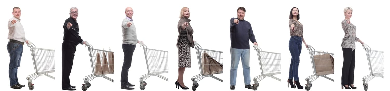 a group of people with a shopping cart point their finger at the camera on a white background