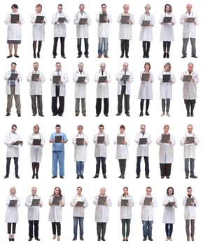 full length group of doctors with notepad isolated on white background