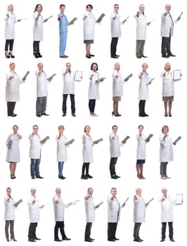 full length group of doctors with notepad isolated on white background