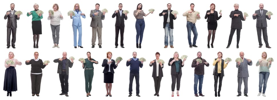 group of successful business people with money isolated on white background