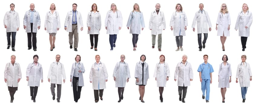 group of doctors in motion isolated on white background