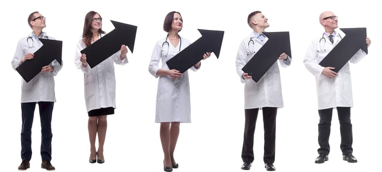 group of successful business people with black arrow isolated on white background