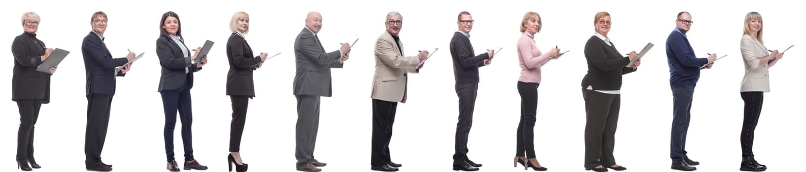 group of successful people with notepad in hands isolated on white background