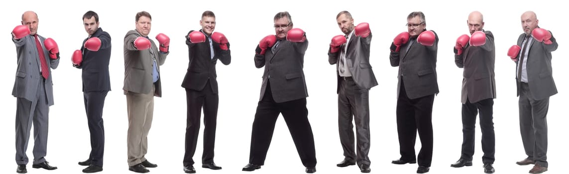 collage of businessmen in boxing gloves isolated on white background