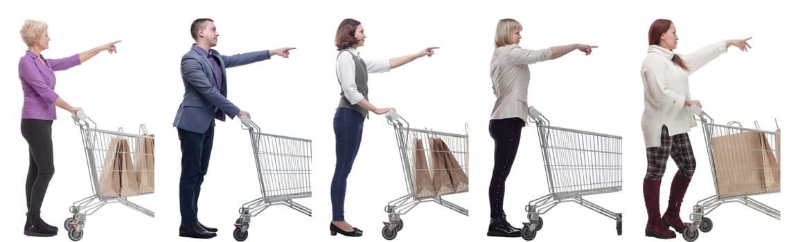 a group of people with a shopping cart point their fingers in front of them on a white background