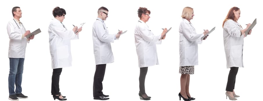 full length group of doctors with notepad isolated on white background