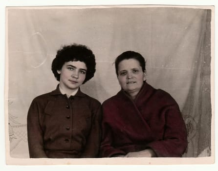 USSR - CIRCA 1970s: Vintage photo of women with origin retouching (colored cheeks).