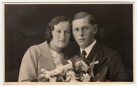 PRIBRAM, THE CZECHOSLOVAK REPUBLIC - 1936: Vintage photo of newlyweds