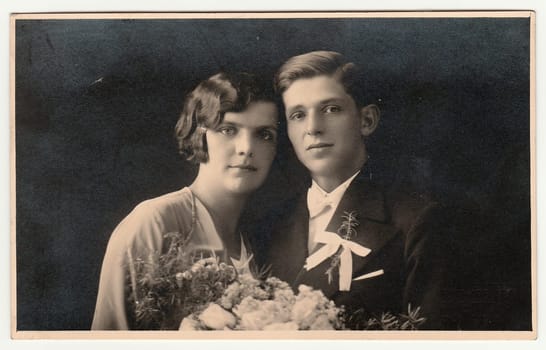 PRIBRAM, THE CZECHOSLOVAK REPUBLIC - JULY 31, 1932: Vintage photo of newlyweds