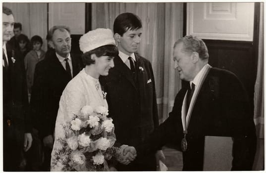 TEPLICE, THE CZECHOSLOVAK SOCIALIST REPUBLIC - OCTOBER 15, 1966: Vintage photo of wedding ceremony