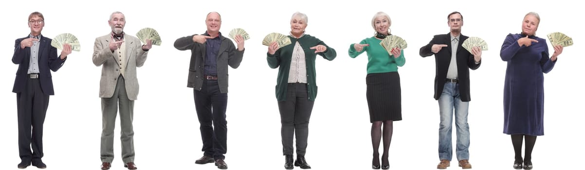 group of successful business people with money isolated on white background