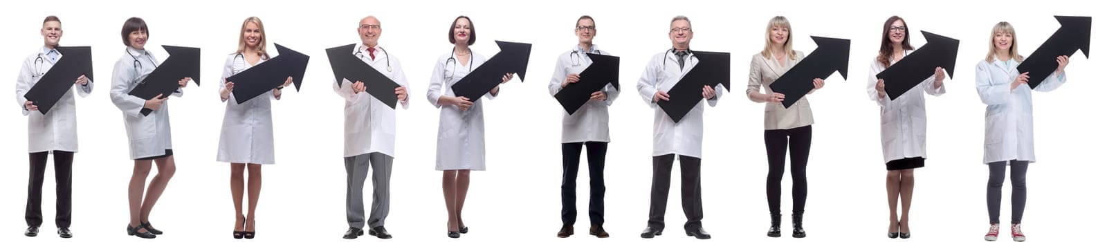 group of successful business people with black arrow isolated on white background