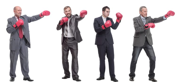collage of businessmen in boxing gloves isolated on white background