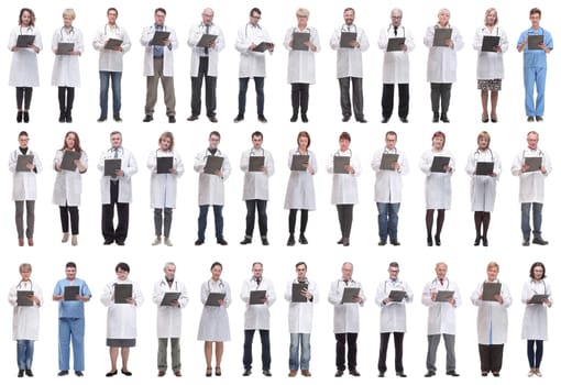 full length group of doctors with notepad isolated on white background