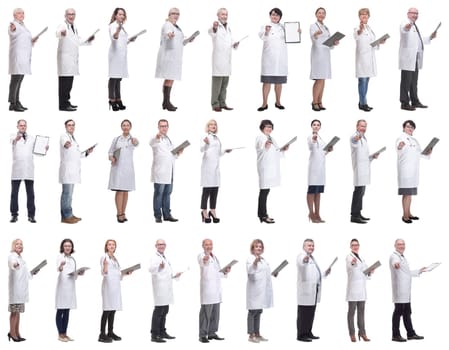 full length group of doctors with notepad isolated on white background